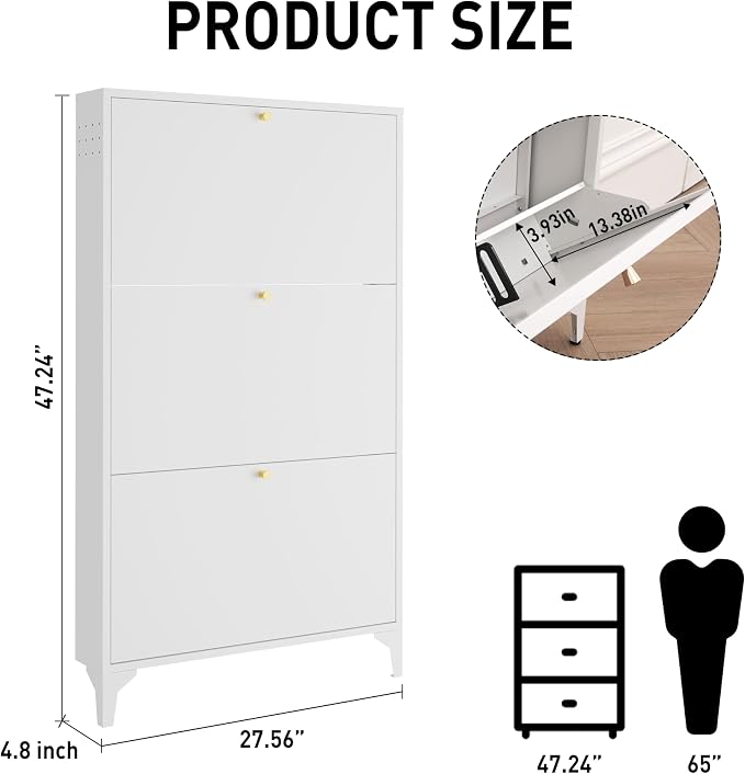 Freestanding Shoe Cabinet with 3 Flip Drawers-Metal Narrow Shoe Rack for Entryway,Hallway,Living Room-Hidden Metal Shoe Cabinet (3 Door, White)