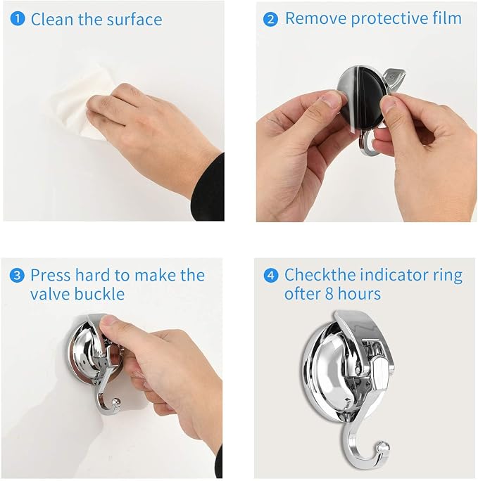 Heavy Duty Vacuum Suction Cup Hooks, Silver Plated Polished ABS Plastic and TPU Rubber Super Suction for Kitchen Bathroom, 1 Pack