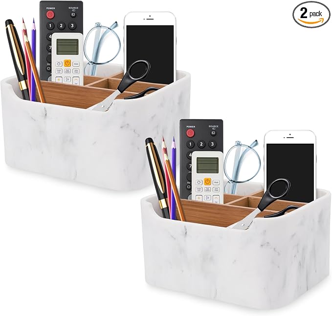 2 Pack Remote Control Holders, Desk Organizers with Dividers,White | Set of 2 resin and wood organizers with dividers for remotes, pens, glasses, and media devices on desk, table, or nightstand