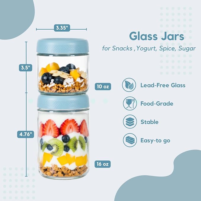 ColoVie Glass Meal Prep Jar Set, 8 Pack Overnight Oats Containers with Lids | Food Storage for Snacks, Yogurt, Spice, Salad, Chia Seed Pudding Jars, Wide Mouth Mason Jars with Airtight Lids, 16oz 10oz