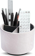 Round Leather Art Supply Organizer,Remote Control Holder,360 Degree Spinning,Multi-Functional Pencil Holder,4 Compartments Desktop Stationary Organizer(1-Hill White)