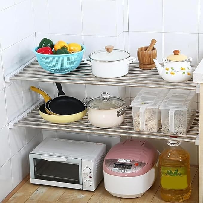 Closet Tension Shelf DIY Divider Metal Expandable Rod Adjustable Closet Shelves Organizer Scalable Layered Separators for Cabinet Storage Locker Clothes (9.4'' Wide,13.8''-23.6'' Long)