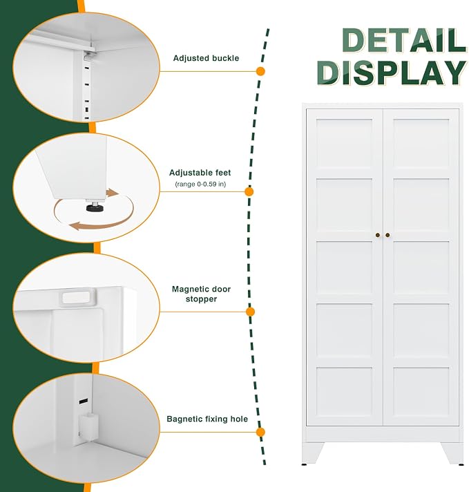 Letaya 72" H Metal Storage Cabinet with 2 Doors and 4 Shelves,Tall Kitchen Pantry Cabinets,Utility Pantry Organizers for Cupboard/Dining/Bathroom/Home Office/Garage (White, 72" H x 18" D x 33.5" W)