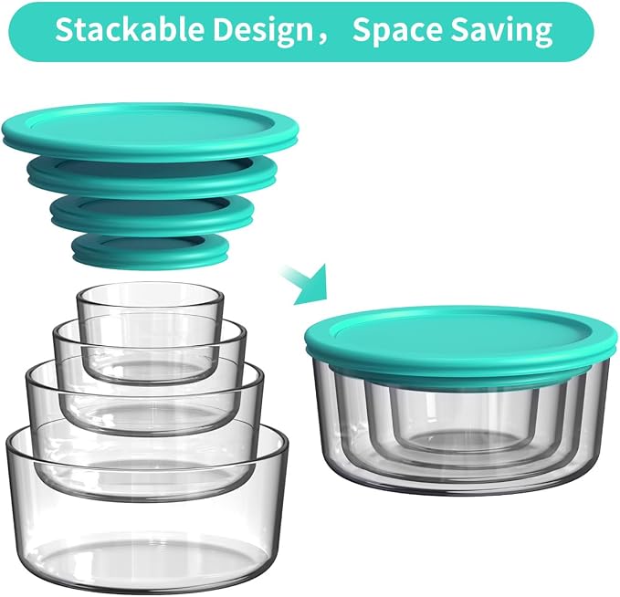 AILTEC 8-Pack Glass Food Containers, Round with Lids, 7/4/2/1 Cup Sizes | Includes 4 Bonus Simple Lids, BPA-Free Glass, Microwave & Dishwasher Safe, Airtight Seal for Freshness