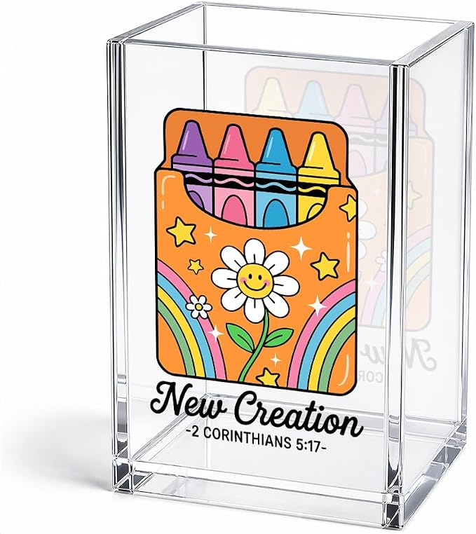Funny New Creation 2 Corinthians 5:17 Acrylic Pencil Holder Cup | Christian Daisy Crayon Pen Holder Gifts for Women Friend Coworker Boss Teacher, Bible Verse Home Office Desk Accessories