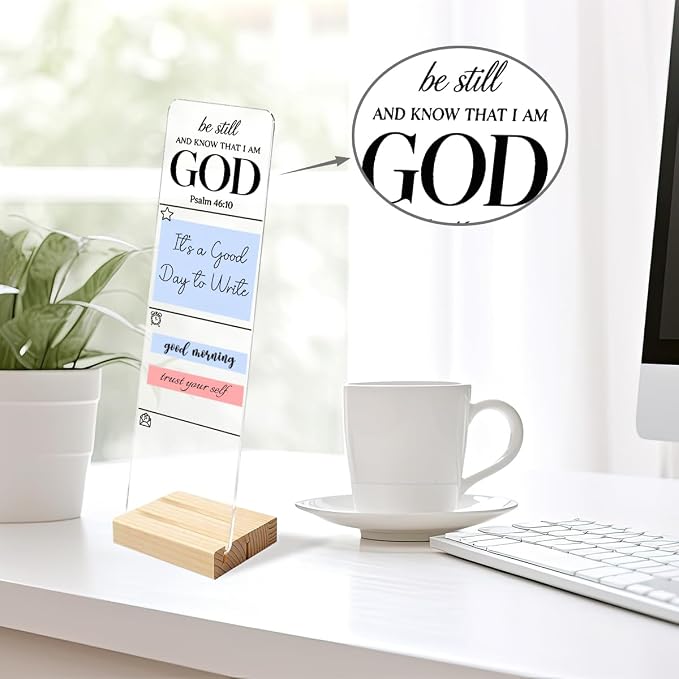 Sticky Note Holder, Monitor Memo Board, Sticky Note Board for Desk, Acrylic Desk Buddy with Wooden Base, Includes 200 Notes, Religious “Be Still and Know that I Am God Psalm 46:10”