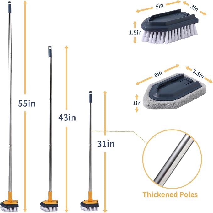 BOOMJOY Tub Cleaner Brush with Long Handle, 55" Extendable Tub Scrubber with Locking Head, No Scratch Shower Cleaning Brush for Bathtub, Bathroom Ceilings, Toilet, Kitchen, Tile, Sink