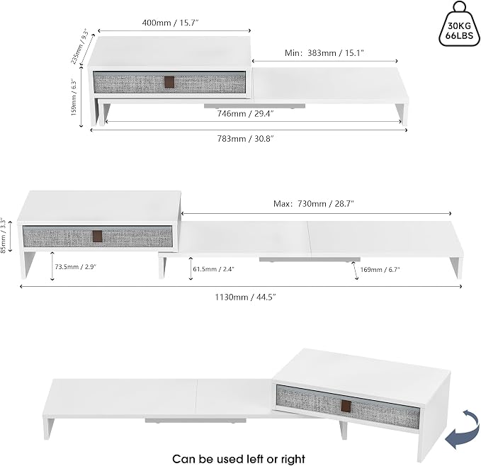 Fenge Triple Monitor Stand with Srorage Drawer, Adjustable Length and Angle | Computer Monitor Riser for 2 or 3 Monitors, Wooden Desktop Laptop Stand, Office Organizer for PC, Screen, Tablet, White