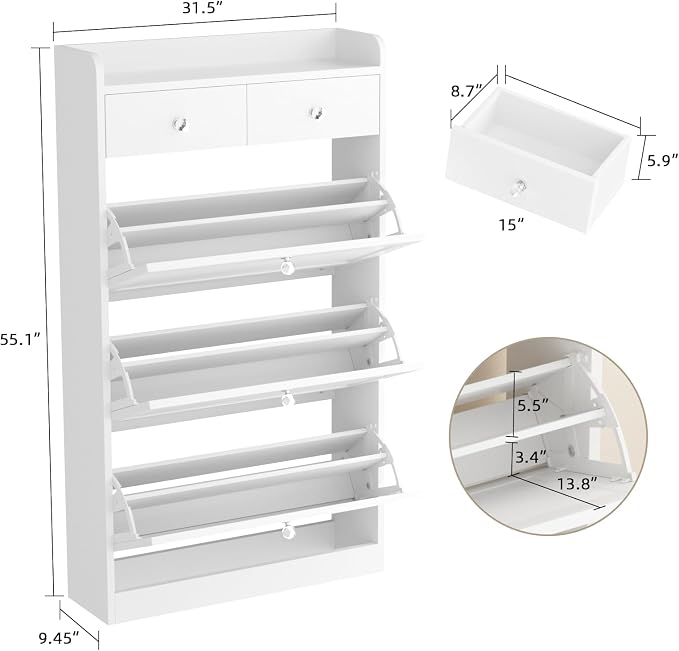 VOWNER Shoe Cabinet with 3 Flip Drawers & 2 Drawers, Freestanding Shoe Storage Cabinet with Adjustable Shelves, Shoe Organizer for Entryway, Hallway, Living Room, White