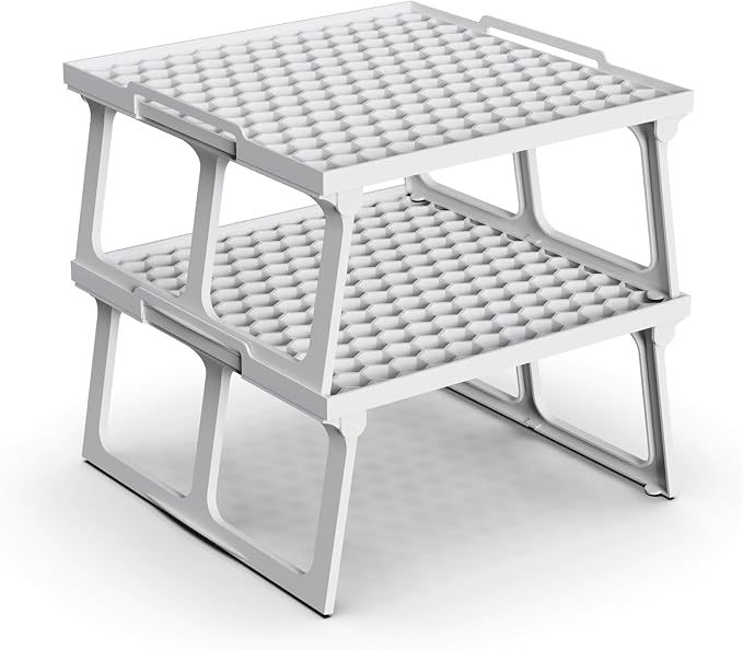 ums Plastic Kitchen Cabinet Shelf Organizer, White Plastic Stackable Freezer Rack, Shelf Riser, Usable Storage Rack for Your Spice, Refrigerator, Pantry (12 X 11 inch) Fridge Shelf Riser Pack Of 2