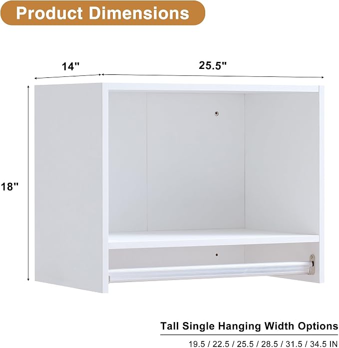 25.5" Single Hanging Closet Module, White MDF Closet Organizer System with Aluminum Hanging Rod, Wall-Mounted Wardrobe Storage for Shirts, Jackets, Bedroom, Walk-In Closet