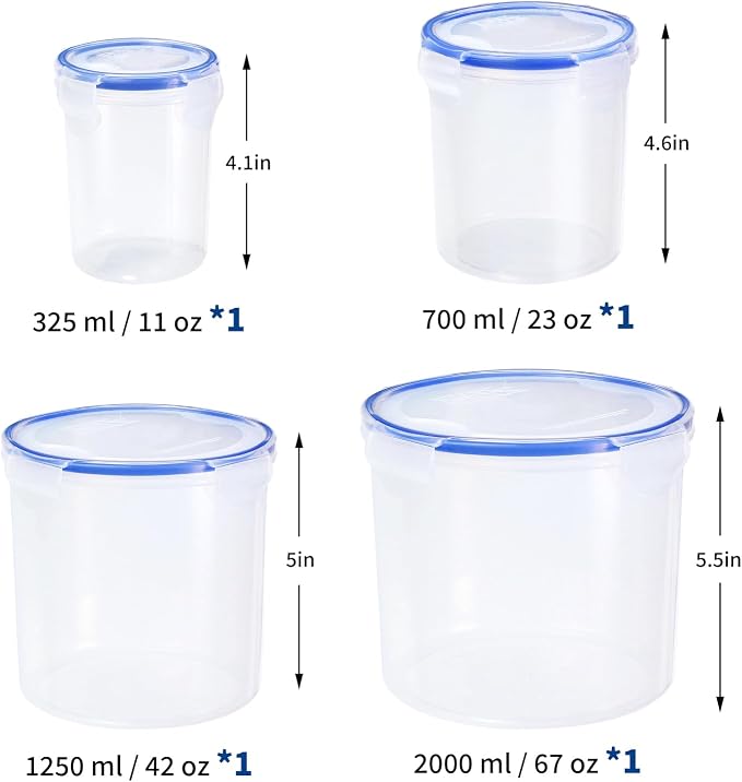 KIGI Food Storage Containers, Clear Cylinder Airtight Canister & Jar with 4-Sided Locking Lid for Coffee Bean, Sugar & Pantry Dry Food, 8 Piece Set, 1.35Cup /2.9Cup /5.2Cup /8.3Cup