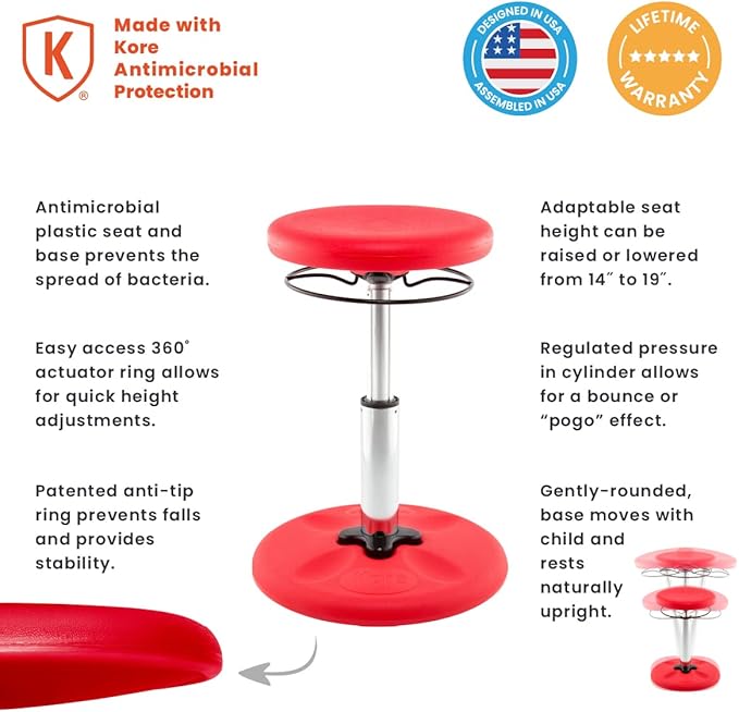 KORE Design Adjustable Wobble Stool Chair, Girls + Boys Kid Desk Stools, Ergonomic Small Office Chairs, Flexible Seating for Active Kids, ADD/ADHD, Classroom, Home, Age 6-11, Standard (14-19in), Red