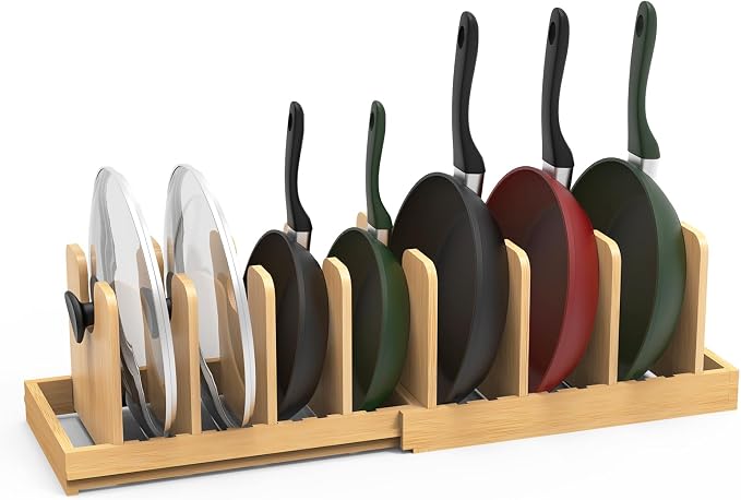 Bamboo Expandable Pot Lid Organizer, Pots and Pans Holder Rack for Cabinet | 10pcs Removable Dividers, Customized Storage, Space-saving, FSC-certified Bamboo, No Assembly