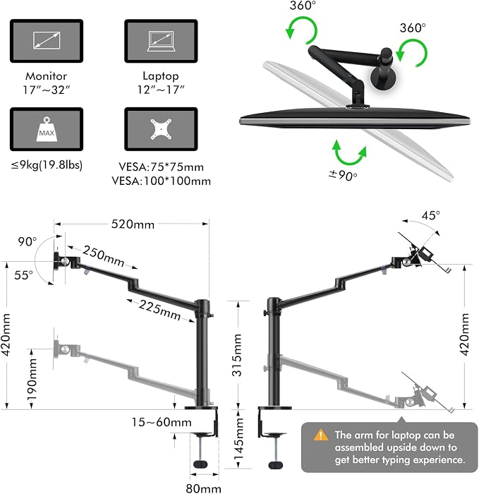 Viozon Monitor and Laptop Mount, 2-in-1 Adjustable Dual Arm Desk Mounts Single Desk Arm Stand/Holder for 17 to 32 Inch LCD Computer Screens, Extra Tray Fits 12 to 17 inch Laptops (Black)