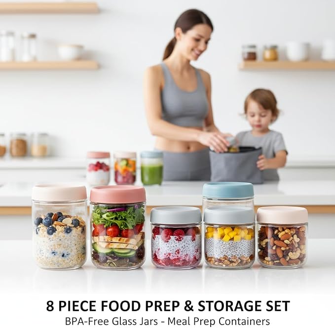 ColoVie Glass Meal Prep Jar Set, 8 Pack Overnight Oats Containers with Lids | Food Storage for Snacks, Yogurt, Spice, Salad, Chia Seed Pudding Jars, Wide Mouth Mason Jars with Airtight Lids, 16oz 10oz