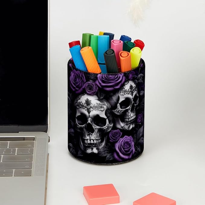 Skulls and Purple Rose Pen Holder Pencil Organizer for Desk, 3.1” x 3.1” x 3.9” Pencil Cup Office Supplies, Large Capacity Cute Pen and Makeup Brush Holder for Home, School, Desktop
