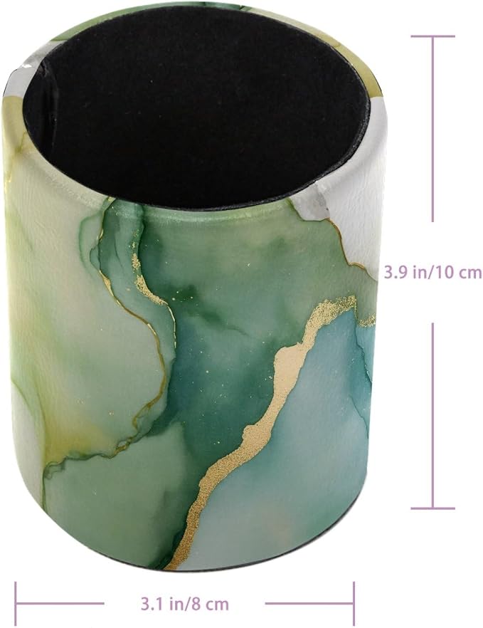 Faux Leather Pen Holder for Desk, Pencil Organizer Green Gold Marble Texture Pen Cup Desk Decor Makeup Brush Holder Storage for Office Home