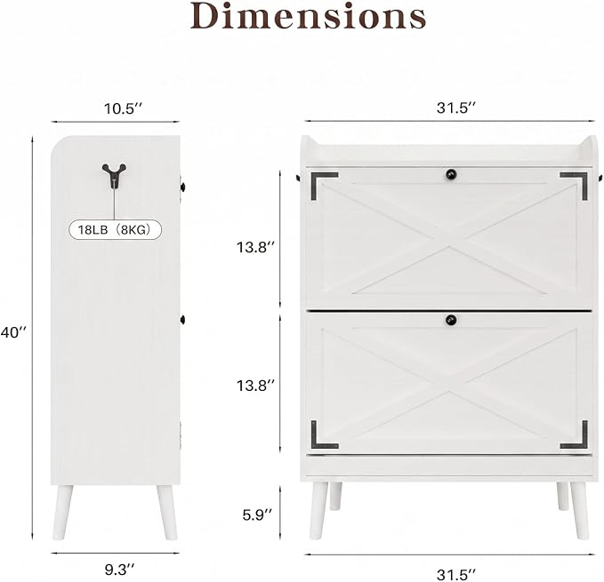 Shoe Storage Cabinet with 2 Flip Drawers & Adjustable Shelves, Freestanding Shoe Cabinet with Side Hooks Narrow Shoe Rack Cabinet for Entryway, Hallway, Rustic White