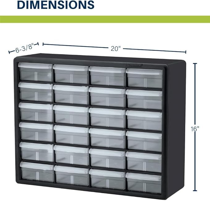 Akro-Mils 24-Drawer Plastic Drawer Storage Cabinet for Garage Organization, Bead Organizer, Building Bricks Storage, Teacher Toolbox, Makeup Organizer, 20-Inch W x 6-Inch D x 16-Inch H, 10124 Red