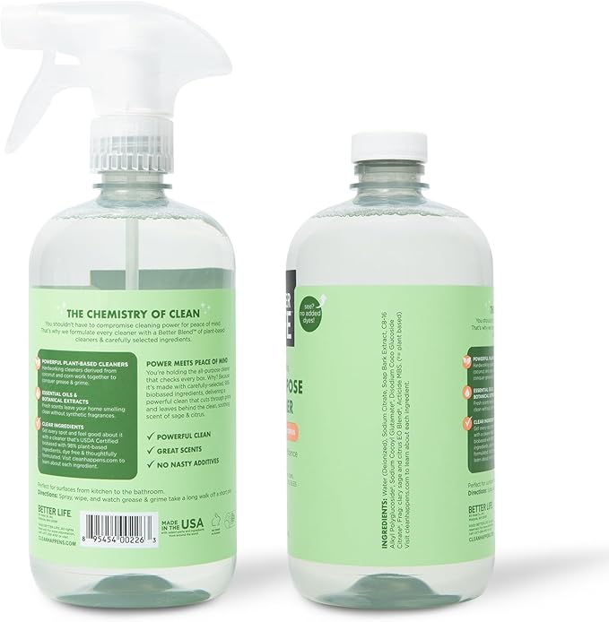 Better Life All Purpose Cleaner - Plant Based Home and Kitchen Cleaning Spray for Glass, Countertops, Appliances, Upholstery & More - Multi-surface Spray Cleaner - 24oz Clary Sage & Citrus