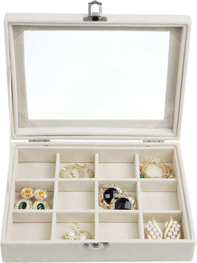 Fordonral Velvet Jewelry Organizer Box, Jewelry Drawer Organizers Trays, Earring Ring Necklace Holder Display Case (Beige, 12 Grid Box)