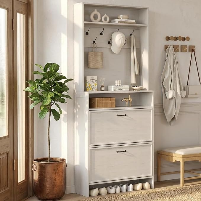 Garvee Shoe Cabinet with 2 Flip Drawers, 2-in-1 Hall Tree Shoe Storage Cabinet with Adjustable Shelf, Hidden Shoes Rack with Anti-Tipping Kit, Freestanding Shoes Rack for Entryway Hallway