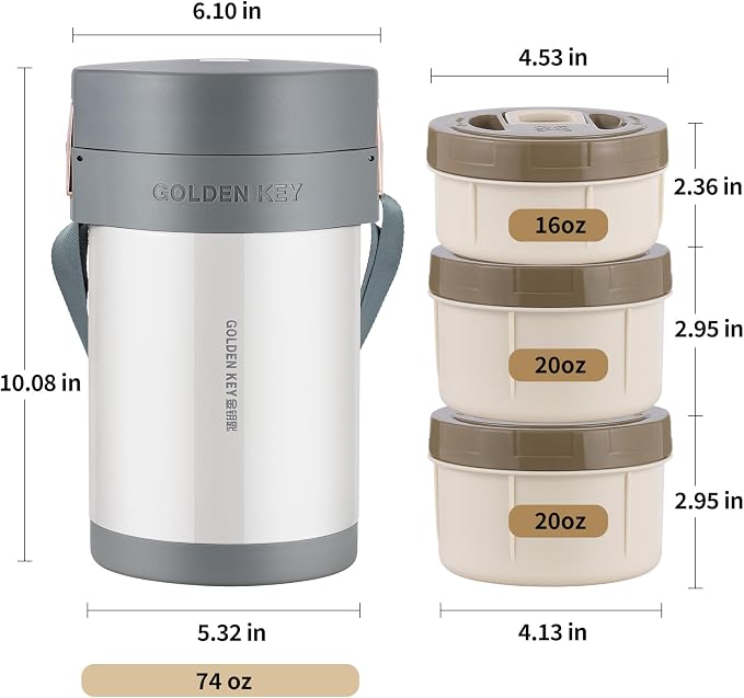 GOLDEN KEY 74 oz Stainless Vacuum-Insulated Container for Hot Food Adult | Wide Mouth Large Food Container with 3 Stackable Storage Container Inserts and Lunch Bag,Hot & Cold Soup Insulated Food Jars