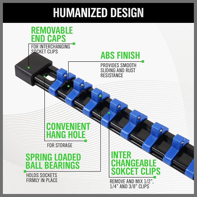 SWANLAKE 9-Piece Premium Socket Holder Organizer Set, 1/4-Inch x 48 Clips, 3/8-Inch x 45 Clips, 1/2-Inch x 36 Clips, Premium Quality Socket Clip Rail Holder