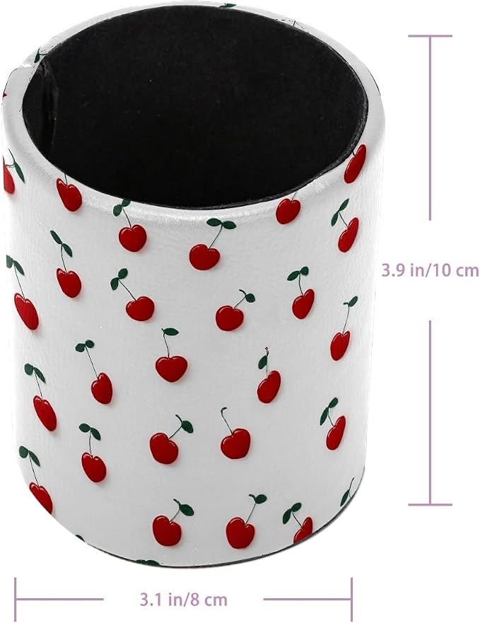 Faux Leather Pen Holder for Desk, Pencil Organizer Love Cherry Pen Cup Desk Decor Makeup Brush Holder Storage for Office Home