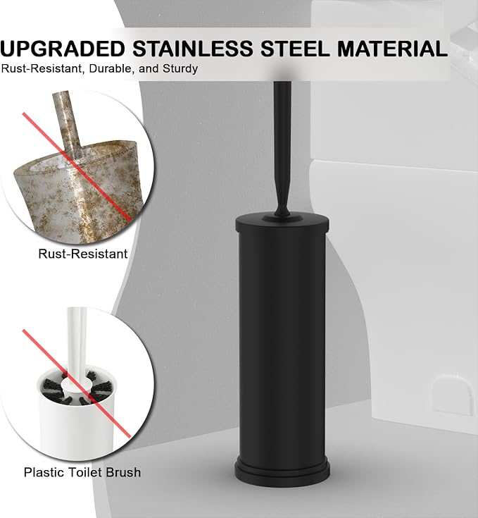 Stainless Steel Toilet Brush and Holder Set : Weighted Stable Base, Removable Inner Tube.Long Handle Toilet Bowl Brush Splash-Proof Design for Deep Cleaning & Space-Saving Storage,Black