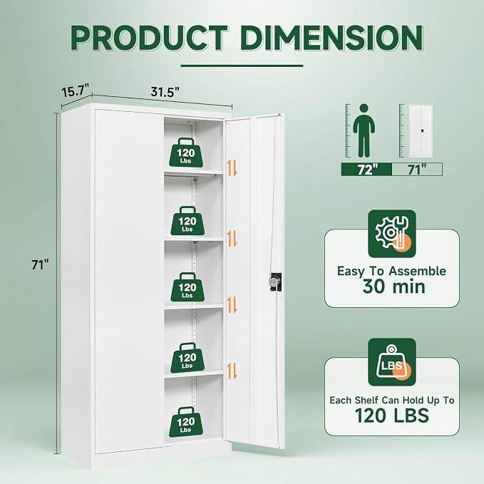 Letaya Metal Garage Storage Cabinets with Lock Door and Adjustable Shelves, Steel Tool Cabinets for Home,Office,Warehouse Organisieren (White, 71" H)