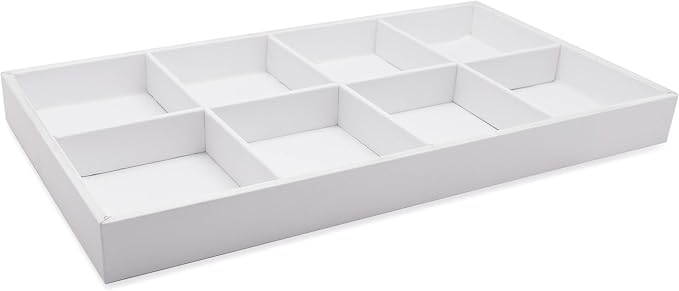 The Display Guys - Stackable Jewelry Tray and Organizer - for Drawers, Dressers, Store Display (8 Compartments, White Leatherette)