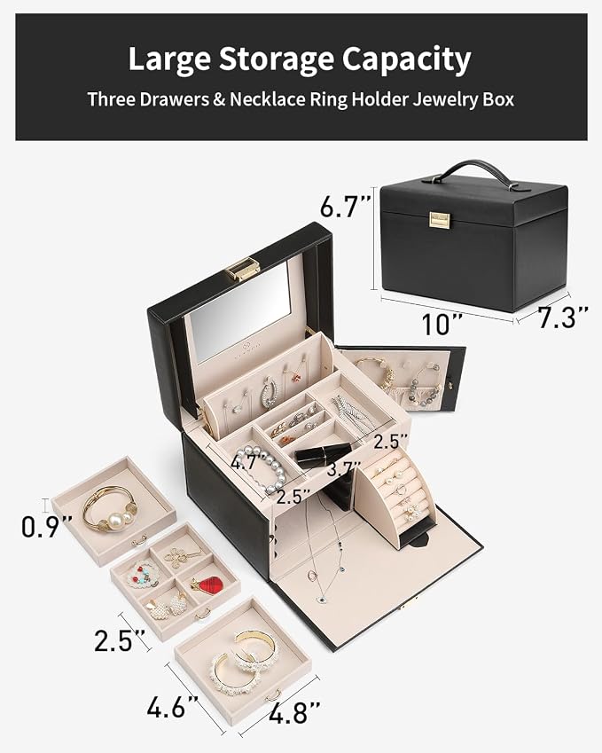 VLANDO Jewelry Box Organizer for Girls Women, Large Baroque Jewelry Holder Organizer with Mirror, 3 Drawers for Bracelets, Earrings, Rings, Necklaces, Mothers Day Gifts for Loved One, Black