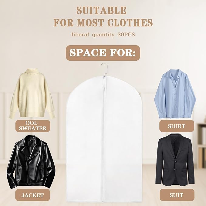 20 Pack Translucent Garment Bag,PEVA Hanging Clothes Cover,24"x43" Suit Dress Bag for Closet Storage Travel