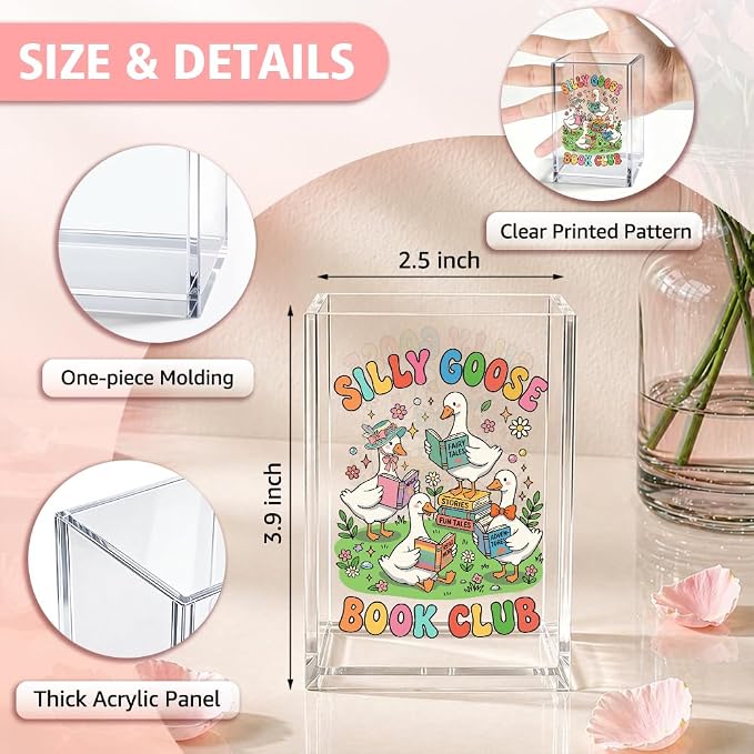 Funny Silly Goose Book Club Acrylic Pencil Holder Cup | Goose Bookmark Holder for Reader Bookish Bookworm Librarian Book Club, Desk Organizer Gifts for Teacher Geese Book Lover