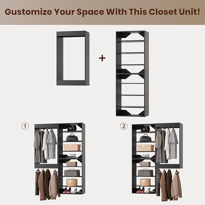 ROOMTEC Modular Closet System, 67" Wall-Mounted Closet Organizer with Hanging Rods and Shelves, Wooden Tower for Walk-In Closets, Wardrobe Storage Kit, Black
