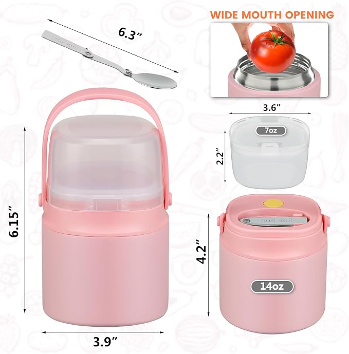 2 - in - 1 Soup Thermo for Hot Food 14oz with Snack Box Container Leak Proof Insulated Lunch Container Kids and Adults Stainless Steel Double Wall Vacuum Wide-mouth Thermal with Spoon and Handle