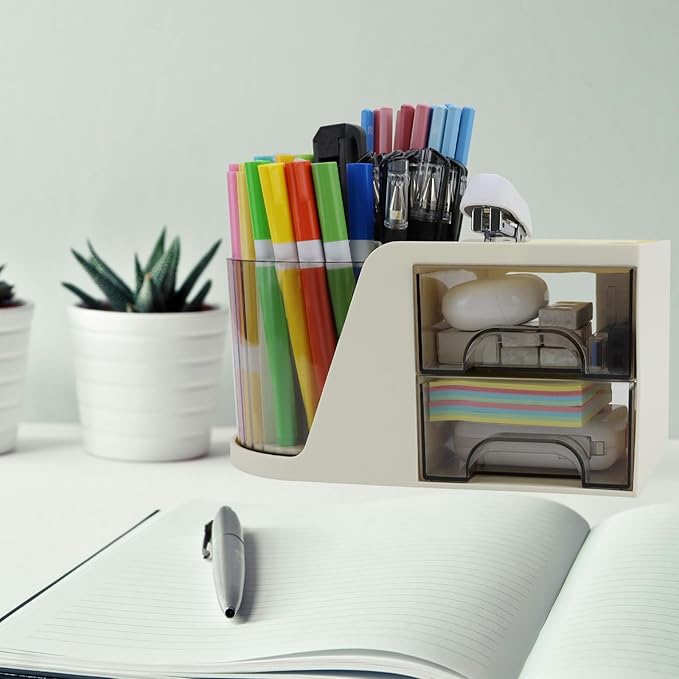 Desk Organizer with Rotating Pencil Pen Holder and 2 Small Drawers, Desk Caddy for Office Workspace Organization and Storage (Beige)