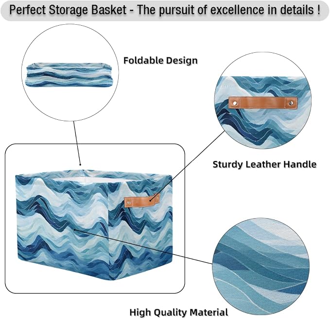 Rectangular Storage Bins Abstract Blue Waves Collapsible Fabric Storage Basket Organizer with Handles for Nursery Bedroom Bathroom