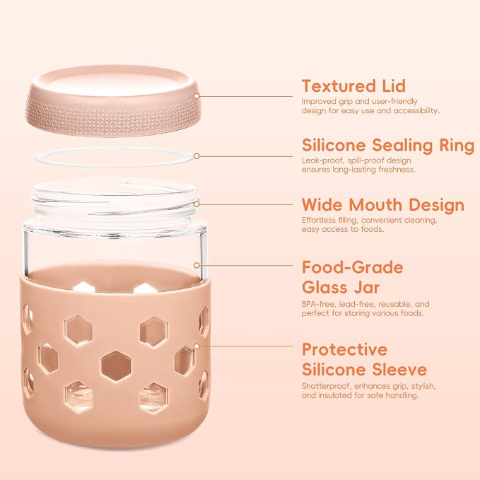 Gemice 6-Pack 16oz Glass Mason Jars with Silicone Sleeves, Airtight BPA-Free Overnight Oats Containers with Lids, Dishwasher Safe Leak-Proof Meal Prep Jars for Chia Pudding, Yogurt, Snacks