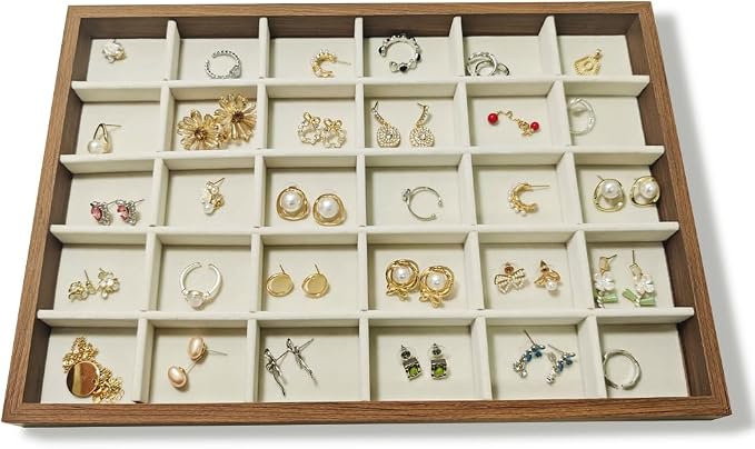 Large Jewelry Trays for Drawers Stackable Velvet Jewelry Display for Vendors Jewelry Drawer Organizer Inserts for Rings Necklace Bracelets Earrings and Studs Earrings (Beige, 30 Grid)
