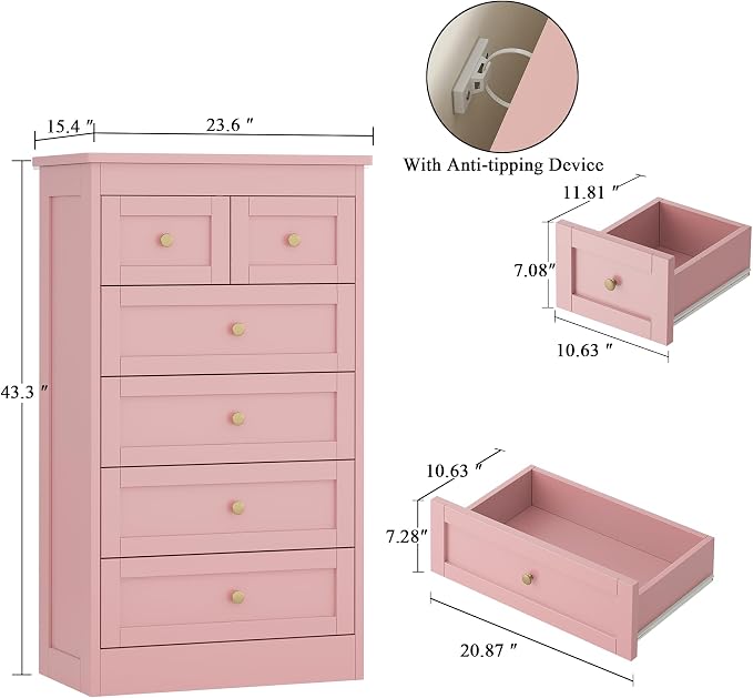 wanan Tall 6 Drawer Dresser for Bedroom, Pink Modern 43.3'' Tall Wood Chest of Drawers, Storage Organizer with Smooth Metal Rails & Anti-Tip Kit for Closet, Hallway, Living Room