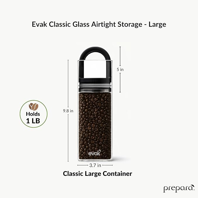Prepara Evak Classic Airtight Glass Storage Canister, Medium (9.8” x 3.7”, 1LB) – Borosilicate Glass Container Vacuum Seal Lid & Black Handle, Odor & BPA-Free, Ideal for Coffee, Tea, Pantry Dry Goods