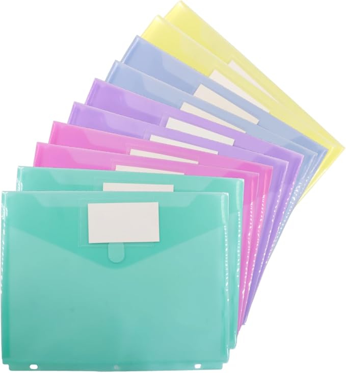 10 Pcs Plastic Envelopes A4 Letter Size | Plastic File Folders, Document Organizer with Label Pocket, 3 Ring Binder Pocket, Waterproof, For School Office Home Supplies