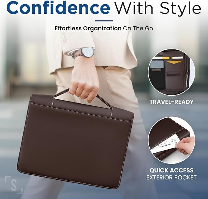 STYLIO Walnut Zipper Padfolio Portfolio Binder w/Carrying Handle | Organizer for Documents, iPad, Tablet, Notebook | Business Leather Binder for Men Women (No 3-Ring Binder)