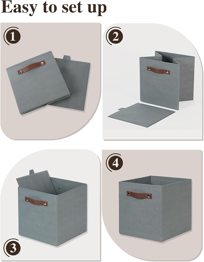 Temary 11x11 Storage Cubes Fabric Cube Storage Bins with Handles Clothes Storage Boxes Baskets for Organizing Home, Shelf, Closet (Grey, 11 x 11 x 11)
