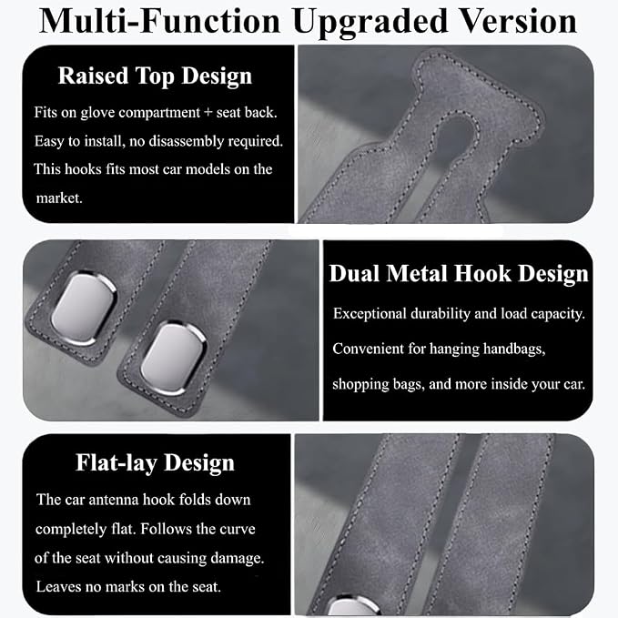 2-Pack Car Hanging Hooks for Car Seat Back & Glove Box, Grey | Dual-Use Purses & Bags Hanger for Car With Metal Hooks - Keep Floor & Seats Clutter-Free, Car Interior Organizer Accessories