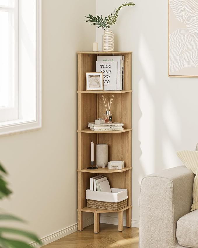 Corner Shelf, 5 Tier Corner Bookshelf, Display Corner Shelf Stand with Storage Rack, Wall Corner Bookshelf for Living Room, Bedroom, Office, Oak