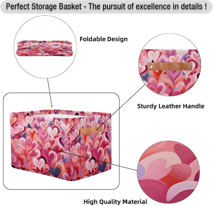 Cube Storage Bins for Shelves, Abstract Red Heart Collapsible Fabric Toys Storage Basket Box with Handles for Home Office Bedroom Closet
